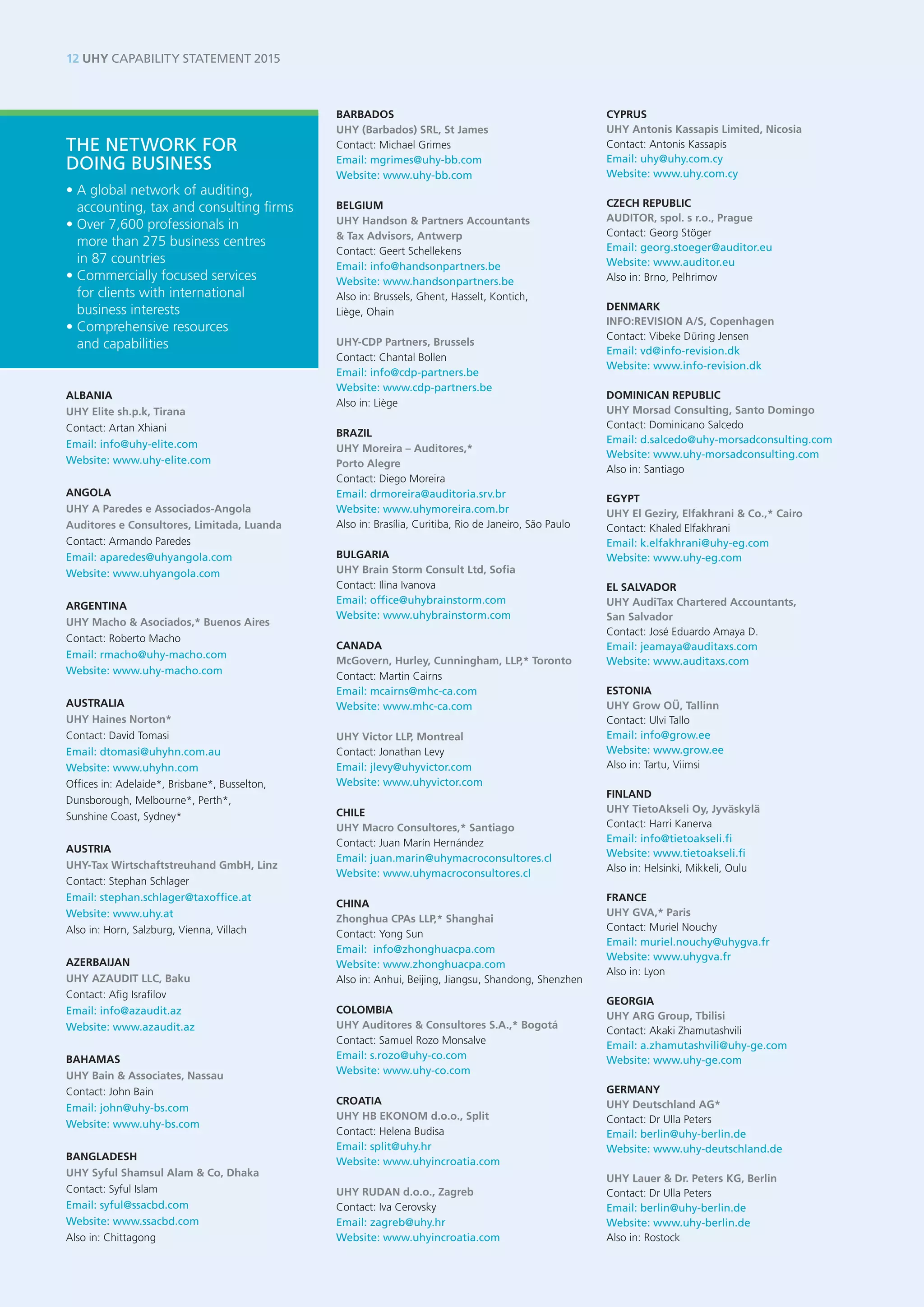 12 UHY CAPABILITY STATEMENT 2015 
ALBANIA 
UHY Elite sh.p.k, Tirana 
Contact: Artan Xhiani 
Email: info@uhy-elite.com 
Website: www.uhy-elite.com 
ANGOLA 
UHY A Paredes e Associados-Angola 
Auditores e Consultores, Limitada, Luanda 
Contact: Armando Paredes 
Email: aparedes@uhyangola.com 
Website: www.uhyangola.com 
ARGENTINA 
UHY Macho & Asociados,* Buenos Aires 
Contact: Roberto Macho 
Email: rmacho@uhy-macho.com 
Website: www.uhy-macho.com 
AUSTRALIA 
UHY Haines Norton* 
Contact: David Tomasi 
Email: dtomasi@uhyhn.com.au 
Website: www.uhyhn.com 
Offices in: Adelaide*, Brisbane*, Busselton, Dunsborough, Melbourne*, Perth*, 
Sunshine Coast, Sydney* 
AUSTRIA 
UHY-Tax Wirtschaftstreuhand GmbH, Linz 
Contact: Stephan Schlager 
Email: stephan.schlager@taxoffice.at 
Website: www.uhy.at 
Also in: Horn, Salzburg, Vienna, Villach 
AZERBAIJAN 
UHY AZAUDIT LLC, Baku 
Contact: Afig Israfilov 
Email: info@azaudit.az 
Website: www.azaudit.az 
BAHAMAS 
UHY Bain & Associates, Nassau 
Contact: John Bain 
Email: john@uhy-bs.com 
Website: www.uhy-bs.com 
BANGLADESH 
UHY Syful Shamsul Alam & Co, Dhaka 
Contact: Syful Islam 
Email: syful@ssacbd.com 
Website: www.ssacbd.com 
Also in: Chittagong 
BARBADOS 
UHY (Barbados) SRL, St James 
Contact: Michael Grimes 
Email: mgrimes@uhy-bb.com 
Website: www.uhy-bb.com 
BELGIUM 
UHY Handson & Partners Accountants 
& Tax Advisors, Antwerp 
Contact: Geert Schellekens 
Email: info@handsonpartners.be 
Website: www.handsonpartners.be 
Also in: Brussels, Ghent, Hasselt, Kontich, 
Liège, Ohain 
UHY-CDP Partners, Brussels 
Contact: Chantal Bollen 
Email: info@cdp-partners.be 
Website: www.cdp-partners.be 
Also in: Liège 
BRAZIL 
UHY Moreira – Auditores,* 
Porto Alegre 
Contact: Diego Moreira 
Email: drmoreira@auditoria.srv.br 
Website: www.uhymoreira.com.br 
Also in: Brasília, Curitiba, Rio de Janeiro, São Paulo 
BULGARIA 
UHY Brain Storm Consult Ltd, Sofia 
Contact: Ilina Ivanova 
Email: office@uhybrainstorm.com 
Website: www.uhybrainstorm.com 
CANADA 
McGovern, Hurley, Cunningham, LLP,* Toronto 
Contact: Martin Cairns 
Email: mcairns@mhc-ca.com 
Website: www.mhc-ca.com 
UHY Victor LLP, Montreal 
Contact: Jonathan Levy 
Email: jlevy@uhyvictor.com 
Website: www.uhyvictor.com 
CHILE 
UHY Macro Consultores,* Santiago 
Contact: Juan Marín Hernández 
Email: juan.marin@uhymacroconsultores.cl 
Website: www.uhymacroconsultores.cl 
CHINA 
Zhonghua CPAs LLP,* Shanghai 
Contact: Yong Sun 
Email: info@zhonghuacpa.com 
Website: www.zhonghuacpa.com 
Also in: Anhui, Beijing, Jiangsu, Shandong, Shenzhen 
COLOMBIA 
UHY Auditores & Consultores S.A.,* Bogotá 
Contact: Samuel Rozo Monsalve 
Email: s.rozo@uhy-co.com 
Website: www.uhy-co.com 
CROATIA 
UHY HB EKONOM d.o.o., Split 
Contact: Helena Budisa 
Email: split@uhy.hr 
Website: www.uhyincroatia.com 
UHY RUDAN d.o.o., Zagreb 
Contact: Iva Cerovsky 
Email: zagreb@uhy.hr 
Website: www.uhyincroatia.com 
CYPRUS 
UHY Antonis Kassapis Limited, Nicosia 
Contact: Antonis Kassapis 
Email: uhy@uhy.com.cy 
Website: www.uhy.com.cy 
CZECH REPUBLIC 
AUDITOR, spol. s r.o., Prague 
Contact: Georg Stöger 
Email: georg.stoeger@auditor.eu 
Website: www.auditor.eu 
Also in: Brno, Pelhrimov 
DENMARK 
INFO:REVISION A/S, Copenhagen 
Contact: Vibeke Düring Jensen 
Email: vd@info-revision.dk 
Website: www.info-revision.dk 
DOMINICAN REPUBLIC 
UHY Morsad Consulting, Santo Domingo 
Contact: Dominicano Salcedo 
Email: d.salcedo@uhy-morsadconsulting.com 
Website: www.uhy-morsadconsulting.com 
Also in: Santiago 
EGYPT 
UHY El Geziry, Elfakhrani & Co.,* Cairo 
Contact: Khaled Elfakhrani 
Email: k.elfakhrani@uhy-eg.com 
Website: www.uhy-eg.com 
EL SALVADOR 
UHY AudiTax Chartered Accountants, 
San Salvador 
Contact: José Eduardo Amaya D. 
Email: jeamaya@auditaxs.com 
Website: www.auditaxs.com 
ESTONIA 
UHY Grow OÜ, Tallinn 
Contact: Ulvi Tallo 
Email: info@grow.ee 
Website: www.grow.ee 
Also in: Tartu, Viimsi 
FINLAND 
UHY TietoAkseli Oy, Jyväskylä 
Contact: Harri Kanerva 
Email: info@tietoakseli.fi 
Website: www.tietoakseli.fi 
Also in: Helsinki, Mikkeli, Oulu 
FRANCE 
UHY GVA,* Paris 
Contact: Muriel Nouchy 
Email: muriel.nouchy@uhygva.fr 
Website: www.uhygva.fr 
Also in: Lyon 
GEORGIA 
UHY ARG Group, Tbilisi 
Contact: Akaki Zhamutashvili 
Email: a.zhamutashvili@uhy-ge.com 
Website: www.uhy-ge.com 
GERMANY 
UHY Deutschland AG* 
Contact: Dr Ulla Peters 
Email: berlin@uhy-berlin.de 
Website: www.uhy-deutschland.de 
UHY Lauer & Dr. Peters KG, Berlin 
Contact: Dr Ulla Peters 
Email: berlin@uhy-berlin.de 
Website: www.uhy-berlin.de 
Also in: Rostock 
• A global network of auditing, accounting, tax and consulting firms 
• Over 7,600 professionals in 
more than 275 business centres 
in 87 countries 
• Commercially focused services 
for clients with international 
business interests 
• Comprehensive resources 
and capabilities 
THE NETWORK FOR DOING BUSINESS  