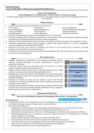 Sandeep Kumar
Contact: 9958633884 / E-Mail: kumarsandip.2007@rediffmail.com
Senior Level Assignments
Project Management~ IT Infrastructure~ Service Delivery~ Customer Servicing
A versatile, high-energy technocrat with the distinction of executing prestigious projects of large magnitude within strict
time schedule
Profile Summary
• A competent professional with nearly 09 years of experience in:
IT Governance IT Operations Project Management
Process Management Program Management Customer Relationship Mangement
P & L Accountability Service Delivery Change Management
Change Mangement Vendor Mangement Manpower mangement
• Currently serving Softbrain Computech Technologies as Head – IT & Operation
• Proficient in handling SDLC including mapping business requirements, technical documentation, application design,
development and troubleshooting for information systems management
• Holds the credit of implementing standard governance, reporting & escalation processes across responsible accounts
• Contributed significantly towards process mapping & analysis with special reference to IT service management
processes compliant with ISO 20000, ISO/IEC 27001
• Impressive fast track career driven by challenges and desire to be successful with an expertise in leading
multiple projects like Please mention the projects
• An effective communicator with exceptional relationship management skills with the ability to relate to people at any
level of business and management
Core Competencies
• Mapping client/business requirements and providing customized software
solutions involving finalization of product specifications & selection of
appropriate techniques
• Conducting system study and coordinating with team members for system
design & integration, application maintenance, etc.
• Handling various technical aspects such as designing software scheme, coding
modules, monitoring critical paths & taking appropriate actions
• Managing end-to-end project right from floating RFP,techno-commercial aspects,
selecting appropriate vendor for the implementation and defining vendor SLAs
till project completion
• Designing & executing test plans and gap analysis to ensure that business
requirements & functional specifications are tested & fulfilled; generating unit
test defect / review reports
• Verifying change requests and defects; documenting, tracking & communicating
test plans, test results and unresolved problems; updating error log / suggestion
log and explaining system bugs to programmers
Organizational Experience
Since Jul’11 with Softbrain Computech Technologies, Delhi as Head – IT & Operation
Key Result Areas:
• Coordinating with the senior management team by developing & executing strategic plans to optimize the use of
information technology in support of organization’s business objectives
• Responsible for the following:
o Completeing IT Hardware Uptime and establishing & implementing policies to cover all aspects of security
o Risk Mitigation Plan (BS 25999) - Automation of Backup, Restoration, Recovery so on
o Defining and assessing enterprise architectures including application architecture and deployment architecture
o Redesigning/optimizing the IT organization and service delivery functions (IT Transformation) to translate
business strategy in to IT Strategy
o Presale activities, Corporate Presentations to customer, RFI, POC, Demos.
o Prepare & Present Technical Architecture to customer from different cost perspective
o Zone wide field services, spares management, client relationship management, SLA compliance
o CSAT (Customer Satisfaction), ESAT (Employee Satisfaction) in the engagement
o Minimizing the support cost and ensure profitability by 1X
 