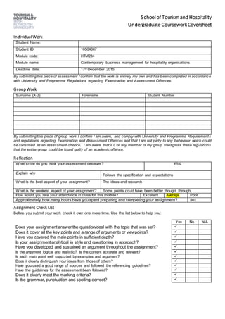 Schoolof Tourism and Hospitality
UndergraduateCourseworkCoversheet
Individual Work
Student Name:
Student ID: 10504087
Module code: HTM234
Module name: Contemporary business management for hospitality organisations
Deadline date: 17th December 2015
By submittingthis piece of assessment I confirm that the work is entirely my own and has been completed in accordance
with University and Programme Regulations regarding Examination and Assessment Offences.
Group Work
Surname (A-Z) Forename Student Number
By submitting this piece of group work I confirm I am aware, and comply with University and Programme Requirements
and regulations regarding Examination and Assessment Offences and that I am not party to any behaviour which could
be construed as an assessment offence. I am aware that if I, or any member of my group transgress these regulations
that the entire group could be found guilty of an academic offence.
Reflection
What score do you think your assessment deserves? 65%
Explain why
Follows the specification and expectations
What is the best aspect of your assignment? The ideas and research
What is the weakest aspect of your assignment? Some points could have been better thought through
How would you rate your attendance in class for this module? Excellent Average Poor
Approximately how many hours have you spent preparing and completing your assignment? 80+
Assignment Check List
Before you submit your work check it over one more time. Use the list below to help you:
Yes No N/A
Does your assignment answer the question/deal with the topic that was set? 
Does it cover all the key points and a range of arguments or viewpoints? 
Have you covered the main points in sufficient depth? 
Is your assignment analytical in style and questioning in approach? 
Have you developed and sustained an argument throughout the assignment? 
Is the argument logical and realistic? Is the content accurate and relevant? 
Is each main point well supported by examples and argument? 
Does it clearly distinguish your ideas from those of others? 
Have you used a good range of sources and followed the referencing guidelines? 
Have the guidelines for the assessment been followed? 
Does it clearly meet the marking criteria? 
Is the grammar, punctuation and spelling correct? 
 