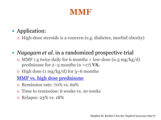 MMF
 Application:
 High-dose steroids is a concern (e.g. diabetes, morbid obesity)
 Nayagam et al. in a randomized prospective trial
 MMF 1 g twice daily for 6 months + low-dose (0.5 mg/kg/d)
prednisone for 2–3 months (n =17) VS.
 High dose (1 mg/kg/d) for 3–6 months
MMF vs. high dose prednisone
 Remission rate: 70% vs. 69%
 Time to remission: 6 weeks vs. 10 weeks
 Relapse: 23% vs. 18%
Stephen M. Korbet J Am Soc Nephrol 2012;23:1769-77
 