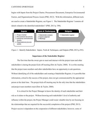 CAPSTONE EPORTFOLIO 5
begins with Inputs from the Project Charter, Procurement Documents, Enterprise Environmental
Factors, and Organizational Process Assets (PMI, 2013). With this information, different tools
are used to create a Stakeholder Register, see Figure 1. The Stakeholder Register “contains all
details related to the identified stakeholders” (PMI, 2013 p. 398).
Figure 1. Identify Stakeholders: Inputs, Tools & Techniques, and Outputs (PMI, 2013 p.393).
Importance of the Stakeholder Register
The first time that the owner gets to meet and interact with the project team and other
stakeholders is during the project kick-off meeting (Dow & Taylor, 2008). It is at this meeting
that the project team members and other stakeholders have an opportunity to ask questions.
Without identifying all of the stakeholders and creating a Stakeholder Register, it is possible that
information, critical to the success of the project, does not get communicated by the appropriate
person at the ideal time. The project kick-off meeting may be the only time that the stakeholders
and project team members meet (Dow & Taylor, 2008).
It is critical for the Project Manager to know the identity of each stakeholder and their
role as it relates to the project. Without knowing each stakeholder’s level of authority and
influence within the project, the Project Manager could waste valuable time by not focusing on
the relationships that are required for the successful completion of the project (PMI, 2013).
Project success is dependent on the cooperation of different stakeholders, however, some of
 