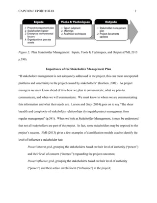 CAPSTONE EPORTFOLIO 7
Figure 2. Plan Stakeholder Management: Inputs, Tools & Techniques, and Outputs (PMI, 2013
p.399).
Importance of the Stakeholder Management Plan
“If stakeholder management is not adequately addressed in the project, this can mean unexpected
problems and uncertainty to the project caused by stakeholders” (Karlsen, 2002). As project
managers we must know ahead of time how we plan to communicate, what we plan to
communicate, and when we will communicate. We must know to whom we are communicating
this information and what their needs are. Larson and Gray (2014) goes on to say “The sheer
breadth and complexity of stakeholder relationships distinguish project management from
regular management” (p.341). When we look at Stakeholder Management, it must be understood
that not all stakeholders are part of the project. In fact, some stakeholders may be opposed to the
project’s success. PMI (2013) gives a few examples of classification models used to identify the
level of influence a stakeholder has:
Power/interest grid, grouping the stakeholders based on their level of authority (“power”)
and their level of concern (“interest”) reguarding the project outcomes;
Power/influence grid, grouping the stakeholders based on their level of authority
(“power”) and their active involvement (“influence”) in the project;
 