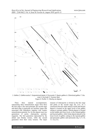 Kaza Gj et al Int. Journal of Engineering Research and Applications www.ijera.com 
ISSN : 2248-9622, Vol. 4, Issue 8( Version 4), August 2014, pp.01-11 
www.ijera.com 8 | P a g e 
600 
 
QX 
QX 
0 
Q 
n 
XQ 
QX 
n 
n 
n 
n 
n 
n 
Q 
Q 
Q 
Q 
Q 
Q 
Q 
Q 
Q 
Q 
Q 
Q 
Q 
Q 
n 
QX 
QX 
n 
n 
n 
QX n 
n 
n 
n 
n 
n 
X 
Q 
X 
Q 
n 
550 
500 
450 
400 
10 20 
1 2 3 4 
5 6 7 8 9 
n 
Q X 
SW NE 
1. Gabbro 2. Gabbro-norite 3. Serpentinized dunite 4. Pyroxenite 5. Quartz gabbro 6. Chloritized gabbro 7. Ore 
zone 8. Ore body 9. Tectonic fault 
Figure 8. Profile 11, Nikoliq ore deposit 
These three mineral accompaniment, 
representing three mineralization stages from these 
the first stage is the most principal, the second stage 
and third stage in particular are auxiliary stages that 
associated with hidrotherm impulses with weaker 
mineralization potential. So, for this deposit meet two 
generations of pyrite, chalcopyrite, pyrotine, 
magnetite. The first generation represented by the 
dotted and blotchy texture, while the second 
generation from their veiny textures. The major 
measure of chalcopyrite is formed at the first stage 
and partly at the second stage [8], [11]. As a 
conclusion from the made analysis results that Kruma 
deposit is located on the upper levels of the gabbro 
cutting to isotropic gabbro, Nikoliq deposit is located 
on the middle and lower levels, in the foliated gabbro 
and layered gabbro, while Golaj deposit placed in the 
lower levels of gabbro cutting to the layered gabbro 
and piroxenite gabbro until piroxenite (fig. 8, 9, 10, 
11, 12), [11]. 
 