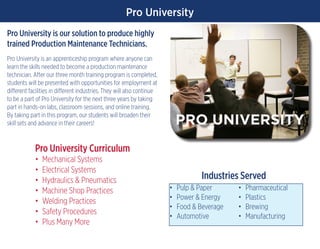 Pro University
Pro University is our solution to produce highly
trained Production Maintenance Technicians.
Pro University is an apprenticeship program where anyone can
learn the skills needed to become a production maintenance
technician. After our three month training program is completed,
students will be presented with opportunities for employment at
different facilities in different industries. They will also continue
to be a part of Pro University for the next three years by taking
part in hands-on labs, classroom sessions, and online training.
By taking part in this program, our students will broaden their
skill sets and advance in their careers!
Pro University Curriculum
•	 Mechanical Systems
•	 Electrical Systems
•	 Hydraulics & Pneumatics
•	 Machine Shop Practices
•	 Welding Practices
•	 Safety Procedures
•	 Plus Many More
•	 Pulp & Paper
•	 Power & Energy
•	 Food & Beverage
•	 Automotive
•	 Pharmaceutical
•	 Plastics
•	 Brewing
•	 Manufacturing
PRO UNIVERSITY
Industries Served
 