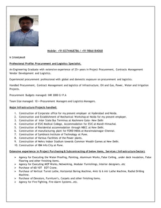 Mobile: +91 8374468786 / +91 9866184068
N SIVAKUMAR
Professional Profile: Procurement and Logistics Specialist.
An Engineering Graduate with extensive experience of 25+ years in Project Procurement, Contracts Management
Vendor Development and Logistics.
Experienced procurement professional with global and domestic exposure on procurement and logistics.
Handled Procurement, Contract Management and logistics of Infrastructure, Oil and Gas, Power, Water and Irrigation
Projects.
Procurement Budgets managed: INR 3000 Cr P.A
Team Size managed: 10 + Procurement Managers and Logistics Managers.
Major Infrastructure Projects handled:
1. Construction of Corporate office for my present employer at Hyderabad and Noida.
2. Construction and Establishment of Mechanical Workshop at Noida for my present employer.
3. Construction of Inter State Bus Terminus at Kashmere Gate- New Delhi
4. Construction of ESIC Medical College, Accommodation for ESIC at Mandi-Himachal.
5. Construction of Residential accommodation through NBCC at New Delhi.
6. Construction of manufacturing plant for FORD INDIA at Maraimalainagar-Chennai.
7. Construction of Symbiosis Institute of Technology at Pune.
8. Construction of Various Facilities of the Power plants.
9. Construction of Nehru Indoor Stadium towards Common Wealth Games at New Delhi.
10. Construction of IBM Info City at Pune.
Extensive experience in Project Purchasing & Subcontracting of below items, Services ( Infrastructure Sector)
 Agency for Executing the Water Proofing, Painting, Aluminum Works, False Ceiling, under deck insulation, False
Flooring and other finishing items.
 Agency for Executing MEP Works, Networking, Modular Furnishings, Interior designers..etc
 Purchase of 60/10T EOT Crane.
 Purchase of Vertical Turret Lathe, Horizontal Boring Machine, 4mtr & 6 mtr Lathe Machine, Radial Drilling
Machine.
 Purchase of Elevators, Furniture’s, Carpets and other finishing items.
 Agency for Fire Fighting, Fire Alarm Systems..etc.
 