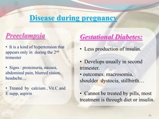 Disease during pregnancy
Gestational Diabetes:
• Less production of insulin.
• Develops usually in second
trimester.
• outcomes: macrosomia,
shoulder dystocia, stillbirth…
• Cannot be treated by pills, most
treatment is through diet or insulin.
Preeclampsia
• It is a kind of hypertension that
appears only in during the 2nd
trimester
• Signs : proteinuria, nausea,
abdominal pain, blurred vision,
headache…
• Treated by calcium , Vit.C and
E supp, aspirin
23
 
