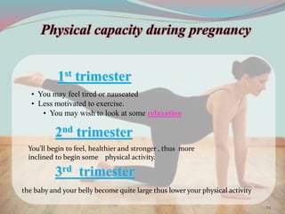 • You may feel tired or nauseated
• Less motivated to exercise.
• You may wish to look at some relaxation
1st trimester
You’ll begin to feel, healthier and stronger , thus more
inclined to begin some physical activity.
the baby and your belly become quite large thus lower your physical activity
2nd trimester
3rd trimester
Physical capacity during pregnancy
29
 
