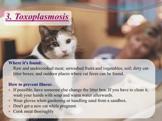 3. Toxoplasmosis
Where it's found:
Raw and undercooked meat; unwashed fruits and vegetables; soil; dirty cat-
litter boxes; and outdoor places where cat feces can be found.
How to prevent illness: .
 If possible, have someone else change the litter box. If you have to clean it,
wash your hands with soap and warm water afterwards.
 Wear gloves when gardening or handling sand from a sandbox.
 Don't get a new cat while pregnant.
 Cook meat thoroughly
44
 