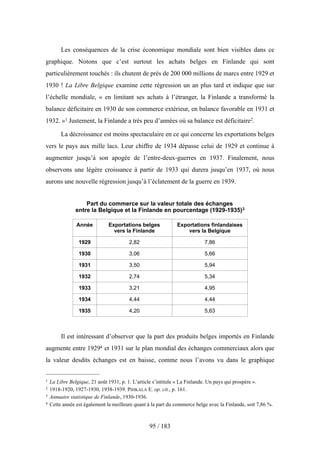 Les conséquences de la crise économique mondiale sont bien visibles dans ce
graphique. Notons que c’est surtout les achats belges en Finlande qui sont
particulièrement touchés : ils chutent de près de 200 000 millions de marcs entre 1929 et
1930 ! La Libre Belgique examine cette régression un an plus tard et indique que sur
l’échelle mondiale, « en limitant ses achats à l’étranger, la Finlande a transformé la
balance déficitaire en 1930 de son commerce extérieur, en balance favorable en 1931 et
1932. »1 Justement, la Finlande a très peu d’années où sa balance est déficitaire2.
La décroissance est moins spectaculaire en ce qui concerne les exportations belges
vers le pays aux mille lacs. Leur chiffre de 1934 dépasse celui de 1929 et continue à
augmenter jusqu’à son apogée de l’entre-deux-guerres en 1937. Finalement, nous
observons une légère croissance à partir de 1933 qui durera jusqu’en 1937, où nous
aurons une nouvelle régression jusqu’à l’éclatement de la guerre en 1939.
Part du commerce sur la valeur totale des échanges
entre la Belgique et la Finlande en pourcentage (1929-1935)3
Année Exportations belges
vers la Finlande
Exportations finlandaises
vers la Belgique
1929 2,82 7,86
1930 3,06 5,66
1931 3,50 5,94
1932 2,74 5,34
1933 3,21 4,95
1934 4,44 4,44
1935 4,20 5,63
Il est intéressant d’observer que la part des produits belges importés en Finlande
augmente entre 19294 et 1931 sur le plan mondial des échanges commerciaux alors que
la valeur desdits échanges est en baisse, comme nous l’avons vu dans le graphique
95 / 183
1 La Libre Belgique, 21 août 1931, p. 1. L’article s’intitule « La Finlande. Un pays qui prospère ».
2 1918-1920, 1927-1930, 1938-1939. PIHKALA E. op. cit., p. 161.
3 Annuaire statistique de Finlande, 1930-1936.
4 Cette année est également la meilleure quant à la part du commerce belge avec la Finlande, soit 7,86 %.
 