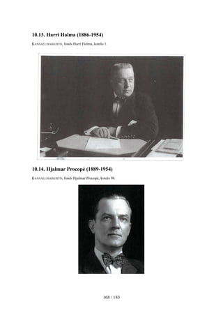 10.13. Harri Holma (1886-1954)
KANSALLISARKISTO, fonds Harri Holma, kotelo 1.
10.14. Hjalmar Procopé (1889-1954)
KANSALLISARKISTO, fonds Hjalmar Procopé, kotelo 98.
168 / 183
 