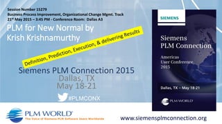 Siemens PLM Connection 2015
Dallas, TX
May 18-21
www.siemensplmconnection.org
#PLMCONX
PLM for New Normal by
Krish Krishnamurthy
Session Number 15279
Business Process Improvement, Organizational Change Mgmt. Track
21st May 2015 – 3:45 PM - Conference Room: Dallas A3
 