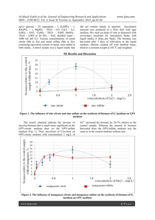 Al-Maali Galeb et al Int. Journal of Engineering Research and Applications www.ijera.com 
ISSN : 2248-9622, Vol. 4, Issue 9( Version 1), September 2014, pp.01-04 
www.ijera.com 2 | P a g e 
(g/L): glucose – 25; asparagine – 1; K2HPO4 – 1; KH2PO4 – 1; MgSO4 ∙ 7H2O – 0,5; CaCl – 0,1; FeSO4 – 0,02; CuSO4 ∙ 7H2O – 0,005; MnSO4 ∙ 7H2O – 0,005 or Zn SO4 – 0,02; distilled water – 1000 ml; pH 6,5. Various concentrations of metal citrate (Mn or Zn) and metal sulfate (Mn or Zn), containing equivalent content of metal, were added to both media. Control sample was a liquid media that did not contain metals in question. Inoculation material was produced in a Petri dish with agar medium. We used cut disks (5 mm in diameter) with seven-days micelium for inoculation flasks with liquid media (5 disks per flask). The biomass was harvested after 7 days of cultivation in the liquid medium, filtered, washed off with distilled water, dried to a constant weight at 105 oC and weighted. 
III. Results and Discussion Figure 1. The influence of zinc citrate and zinc sulfate on the synthesis of biomass of G. lucidum on GPY medium 
The results obtained indicate the increase of mycelia biomass that is much more significant on the GPY-citrate medium then on the GPY-sulfate medium (Fig. 1). Thus, mycelium of G.lucidum on GPY-citrate medium with concentration 1 mg/L of Zn2+ increased the biomass by 28.3% relative to the control sample. Whereas the amount of biomass harvested from the GPY-sulfate medium was the same as in the control medium without zinc. Figure 2. The influence of manganese citrate and manganese sulfate on the synthesis of biomass of G. lucidum on GPY medium  