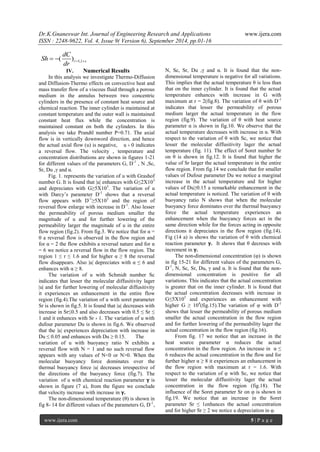 Dr.K.Gnaneswar Int. Journal of Engineering Research and Applications www.ijera.com 
ISSN : 2248-9622, Vol. 4, Issue 9( Version 6), September 2014, pp.01-16 
www.ijera.com 5 | P a g e 
1,1 ( )r s 
dC 
Sh 
dr     
IV. Numerical Results 
In this analysis we investigate Thermo-Diffusion 
and Diffusion-Thermo effects on convective heat and 
mass transfer flow of a viscous fluid through a porous 
medium in the annulus between two concentric 
cylinders in the presence of constant heat source and 
chemical reaction. The inner cylinder is maintained at 
constant temperature and the outer wall is maintained 
constant heat flux while the concentration is 
maintained constant on both the cylinders. In this 
analysis we take Prandtl number P=0.71. The axial 
flow is in vertically downword direction, and hence 
the actual axial flow (u) is negative, u › 0 indicates 
a reversal flow. The velocity , temperature and 
concentration distributions are shown in figures 1-21 
for different values of the parameters G, D-1 , N ,Sc, 
Sr, Du ,γ and α. 
Fig. 1. represents the variation of u with Grashof 
number G. It is found that |u| enhances with G≤2X103 
and depreciates with G≥5X103. The variation of u 
with Darcy’s parameter D-1 shows that a reversal 
flow appears with D-1≥5X103 and the region of 
reversal flow enlarge with increase in D-1. Also lesser 
the permeability of porous medium smaller the 
magnitude of u and for further lowering of the 
permeability larger the magnitude of u in the entire 
flow region (fig.2). From fig.3. We notice that for α = 
0 a reversal flow is observed in the flow region and 
for α = 2 the flow exhibits a reversal nature and for α 
= 6 we notice a reversal flow in the flow region. The 
region 1 ≤ r ≤ 1.6 and for higher α ≥ 8 the reversal 
flow disappears. Also |u| depreciates with α ≤ 6 and 
enhances with α ≥ 8. 
The variation of u with Schmidt number Sc 
indicates that lesser the molecular diffusitivity lager 
|u| and for further lowering of molecular diffusitivity 
it experiences an enhancement in the entire flow 
region (fig.4).The variation of u with soret parameter 
Sr is shown in fig.5. It is found that |u| decreases with 
increase in Sr≤0.5 and also decreases with 0.5 ≤ Sr ≤ 
1 and it enhances with Sr › 1. The variation of u with 
dufour parameter Du is shown in fig.6. We observed 
that the |u| experiences depreciation with increase in 
Du ≤ 0.05 and enhances with Du ≥ 0.15. The 
variation of u with buoyancy ratio N exhibits a 
reversal flow with N = 1 and no such reversal flow 
appears with any values of N<0 or N>0. When the 
molecular buoyancy force dominates over the 
thermal buoyancy force |u| decreases irrespective of 
the directions of the buoyancy force (fig.7). The 
variation of u with chemical reaction parameter γ is 
shown in figure (7 a), from the figure we conclude 
that velocity increase with increase in γ. 
The non-dimensional temperature (θ) is shown in 
fig 8- 14 for different values of the parameters G, D-1, 
N, Sc, Sr, Du ,γ and α. It is found that the non-dimensional 
temperature is negative for all variations. 
This implies that the actual temperature θ is less than 
that on the inner cylinder. It is found that the actual 
temperature enhances with increase in G with 
maximum at r = 2(fig.8). The variation of θ with D-1 
indicates that lesser the permeability of porous 
medium larger the actual temperature in the flow 
region (fig.9). The variation of θ with heat source 
parameter α is shown in fig.10. We observe that the 
actual temperature decreases with increase in α. With 
respect to the variation of θ with Sc, we notice that 
lesser the molecular diffusitivity lager the actual 
temperature (fig. 11). The effect of Soret number Sr 
on θ is shown in fig.12. It is found that higher the 
value of Sr larger the actual temperature in the entire 
flow region. From fig.14 we conclude that for smaller 
values of Dufour parameter Du we notice a marginal 
increase in the actual temperature and for higher 
values of Du≥0.15 a remarkable enhancement in the 
actual temperature is noticed. The variation of θ with 
buoyancy ratio N shows that when the molecular 
buoyancy force dominates over the thermal buoyancy 
force the actual temperature experiences an 
enhancement when the buoyancy forces act in the 
same direction while for the forces acting in opposite 
directions it depreciates in the flow region (fig.14). 
Fig (14 a) is shows the variation of θ with chemical 
reaction parameter γ. It shows that θ decreses with 
increment in γ. 
The non-dimensional concentration (φ) is shown 
in fig 15-21 for different values of the parameters G, 
D-1, N, Sc, Sr, Du, γ and α. It is found that the non-dimensional 
concentration is positive for all 
variations. This indicates that the actual concentration 
is greater that on the inner cylinder. It is found that 
the actual concentration decreases with increase in 
G≤5X103 and experiences an enhancement with 
higher G ≥ 104(fig.15).The variation of φ with D-1 
shows that lesser the permeability of porous medium 
smaller the actual concentration in the flow region 
and for further lowering of the permeability lager the 
actual concentration in the flow region (fig.16). 
From fig. 17 we notice that an increase in the 
heat source parameter α reduces the actual 
concentration in the flow region. An increase in α ≤ 
6 reduces the actual concentration in the flow and for 
further higher α ≥ 8 it experiences an enhancement in 
the flow region with maximum at r = 1.6. With 
respect to the variation of φ with Sc, we notice that 
lesser the molecular diffusitivity lager the actual 
concentration in the flow region (fig.18). The 
influence of the Soret parameter Sr on φ is shown in 
fig.19. We notice that an increase in the Soret 
parameter Sr ≤ 1enhances the actual concentration 
and for higher Sr ≥ 2 we notice a depreciation in φ. 
 
