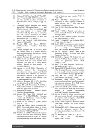 Dr.K.Gnaneswar Int. Journal of Engineering Research and Applications www.ijera.com 
ISSN : 2248-9622, Vol. 4, Issue 9( Version 6), September 2014, pp.01-16 
www.ijera.com 7 | P a g e 
[5]. Caltirone,JP(1976):J.Fluid Mech,V.76,p.337. 
[6]. Chen TS and Yuh CF (1979):Combined heat and mass transfer in natural convection on inclined surface.,J.Heat Transfer,V.2,pp.233- 250. 
[7]. Emmunuel Osalusi, Jonathan Side, Robert Harris(2008):”Thermal-diffusion and diffusion thermo effects on combined heat and mass transfer of a steady MHD convective and slip flow due to a rotating disk with viscous dissipation and ohmic heating: Int.Communications in heat and mass transfer,Vol.35,PP.908-915. 
[8]. Faces N and Faroup B (1983):ASME,J.Heat Transfer,V.105,p.680. 
[9]. Havstad MA and Burns PJ(1982): Int.J.Heat&Mass Transfer, V.25,No.1, p.1755. 
[10]. Lakshmi Narayana PA. et al (2007): Soret and Dufour effects in a doubly stratified Darcy porous medium, Journal of a porous medium 10. pp 613-624. 
[11]. Lakshmi Narayana PA and Murthy PVSN (2008): Soret and Dufour effects on free convection heat and mass transfer from horizontal flat plate in a Darcy porous medium. Journal of heat transfer 130. 104504-1-104504-5. 
[12]. Mansour A et al (2006): Multiplicity of solutions induced by thermosolutal convection in a porous squire cavity heated from below and submitted to horizontal concentration gradient in the presence of Soret effect, Numerical Heat Transfer , Part A, Applications 49, pp 69-94. 
[13]. Mihirsen, Torrance KE (1987): Int.J.Heat and Mass Transfer ,V.30, No.4,p. 729. 
[14]. Nanda RS and Prushotham R (1976) : Int.dedication seminar on recent advances on maths and applications, Vaeanasi. 
[15]. Neeraja,G(1993):Ph.D thesis,S.P.Mahila University,Tirupathi,India. 
[16]. Nguyen TH, Saish MG, Robillard and Vasseur P (1985):ASME,The American Society of Mechanical Enginners,Paper No.85-WA/HT-8,New York. 
[17]. Osterle JF and Young FJ (1961) :J.Fluid Mech.,V.11,p.512. 
[18]. Partha MK, Murthy PVSN, Rajashekar GP (2006): Soret and dufour effects in a non- Darcy porous medium,Journal of heat and mass transfer.V.128. pp 605-610. 
[19]. Postelnicu A (2004): Influence of magnetic field on heat and mass transfer by natural convection from vertical surface in a porous media considering Soret and Dufour effects. 
Int.J. of heat and mass transfer, V.47, Pp 1467-1472. 
[20]. Philip JR(1982): Axisymmetric free convection at small Rayleigh numbers in porous cavities, Int. J. Heat and Mass Transfer,V.25,pp.1689-1699. 
[21]. Poots G(1961): Int.J.Heat and Mass Transfer ,V.3,p.1. 
[22]. Prasad V(1983): Natural convection in porous media ,Ph.D thesis ,S. K. University, Anantapur, India. 
[23]. Prasad V and Kulacki FA(1984): Int.J.Heat and Mass Transfer,V.27,p.207. 
[24]. Prasad V, Kulacki FA and KeyhariM (1985): J.Fluid Mech.,V.150,p.89. 
[25]. Rani A (2003): Unsteady convection heat and mass transfer flow through a porous medium in wavy channels.,Ph.D thesis,S.K.University,Anantapur,India. 
[26]. Rao YF, MikimY, Fukuda Takata Y and Hasegahea S(1985): Int.J.Heat and Mass Transfer, V.28,p.705. 
[27]. Robillard L, Ngugen TH, Sathish MG and Vasseur P (1985): Heat transfer in porous media and particulate flows, HTD- V.46,p.41.ASME. 
[28]. Sastri VUK and Bhadram CVV(1978) : App,Sci.Res,V.34,2/3.p.117. 
[29]. Shaarawi El MAI and Al-Nimir MA(1995): Fully developed laminar natural convection in open ended vertical concentric annulus. Int. J. Heat and Mass Transfer ,pp.1873-84. 
[30]. Singh KR and Cowling TJ (1963) : Quart.J.Maths.Appl.Maths,V.16.p.1. 
[31]. Sivanjaneta Prasad P(2001): Effects of convection heat and mass transfer in unseady hydromagnetic channels flow, Ph.D thesis, S.K.University, Anantapur,India. 
[32]. Sreenivas Reddy B (2006): Thermo-diffusion effect on convection heat and mass transfer through a porous medium,Ph.D thesis,S.K.University,Anantapur,India. 
[33]. Sreevani M (2003): Mixed convection heat and mass transfer through a porous medium in channels with dissipative effects,Ph.D thesis ,S,K.University, Anantpur. 
[34]. Sudeer Kumar Nguyen TH ,Robillard and Thi VKT(1984): Int.Heat and m,ass transfer ,V.27, p.337. 
[35]. Whitehead JA (1972): Observations of rapid means flow produced mercury by a movingheater,Geophys. Fluid dynamics, V.3, pp.161-180. 
[36]. Yu CP (1970):Appl.Sci.Res, V.22, p.127. 
[37]. Yu CP and Yong,H(1969): Appl.Sci.Res,V.20,p.16. 
 