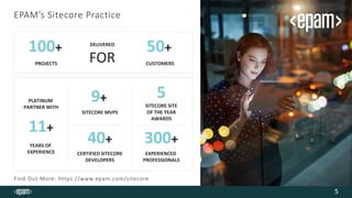 EPAM’s Sitecore Practice
5
100+
PROJECTS
DELIVERED
FOR
50+
CUSTOMERS
PLATINUM
PARTNER WITH
11+
YEARS OF
EXPERIENCE
SITECORE MVPS
CERTIFIED SITECORE
DEVELOPERS
9+
40+
SITECORE SITE
OF THE YEAR
AWARDS
EXPERIENCED
PROFESSIONALS
5
300+
Find Out More: https://www.epam.com/sitecore
 