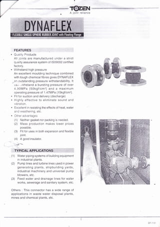 A joint reliance
a
a
FEATURES
Quality Products
All joints are manufactured under a strict
quality assurance system of lS09002 certified
factory"
Withstand high pressure
An excellent moulding technique combined
with tough chemical fibres gives DYNAFLEX
ar! outstanding pressure withstandability. lt
carr ./ithstand a bursting pressure of over
4.90MFa {50kgtlcm2l and a maximum
operating pressure of 1.47MPa {1Skgf/cmz}"
Fit for suction and delivery (discharge)
Highly effective to eliminate sound and
vibration.
Excellent in resisting the effects of heat, water
arr'C weathering, etc.
Other advantages
(1) Neither gasket nor packing is needed.
2) N/ass production nrakes lower prices
possible.
(3) Fit for uses in both expansion and flexible
loint.
(4) A good insulator"
-
d.{/a!!
, TVPICAL AP".PLICAilONS,,,, : , ':' ', 1,,
{l ) lVater piping systems of building equipment
in industrial plants.
(2) Pump lines and turbine lines used in power
generating plants, shipbuilding yards,
industrial nnachinery and universal pump
blowers, etc.
(3) Feed water and drainage lines for water
works, sewerage and sanitary system, etc.
Others : This connector has a wide range of
applications in waste water disposal plants,
rnines and chemical plants, eic.
 