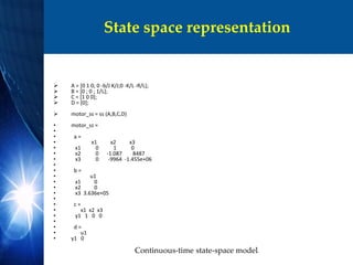 State space representation
 A = [0 1 0; 0 -b/J K/J;0 -K/L -R/L];
 B = [0 ; 0 ; 1/L];
 C = [1 0 0];
 D = [0];
 motor_ss = ss (A,B,C,D)
• motor_ss =
•
• a =
• x1 x2 x3
• x1 0 1 0
• x2 0 -1.087 8487
• x3 0 -9964 -1.455e+06
•
• b =
• u1
• x1 0
• x2 0
• x3 3.636e+05
•
• c =
• x1 x2 x3
• y1 1 0 0
•
• d =
• u1
• y1 0
Continuous-time state-space model.
 