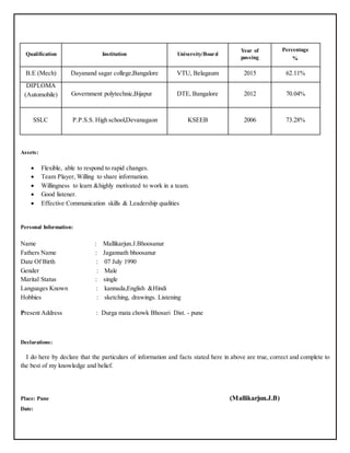 Qualification Institution University/Board
Year of
passing
Percentage
%
B.E (Mech) Dayanand sagar college,Bangalore VTU, Belagaum 2015 62.11%
DIPLOMA
(Automobile) Government polytechnic,Bijapur DTE, Bangalore 2012 70.04%
SSLC P.P.S.S. High school,Devanagaon KSEEB 2006 73.28%
Assets:
 Flexible, able to respond to rapid changes.
 Team Player, Willing to share information.
 Willingness to learn &highly motivated to work in a team.
 Good listener.
 Effective Communication skills & Leadership qualities
Personal Information:
Name : Mallikarjun.J.Bhoosanur
Fathers Name : Jagannath bhoosanur
Date Of Birth : 07 July 1990
Gender : Male
Marital Status : single
Languages Known : kannada,English &Hindi
Hobbies : sketching, drawings. Listening
Present Address : Durga mata chowk Bhosari Dist. - pune
Declarations:
I do here by declare that the particulars of information and facts stated here in above are true, correct and complete to
the best of my knowledge and belief.
Place: Pune (Mallikarjun.J.B)
Date:
 