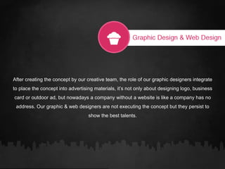 After creating the concept by our creative team, the role of our graphic designers integrate
to place the concept into advertising materials, it’s not only about designing logo, business
card or outdoor ad, but nowadays a company without a website is like a company has no
address. Our graphic & web designers are not executing the concept but they persist to
show the best talents.
 