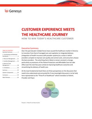 WHITE PAPER
CUSTOMER EXPERIENCE MEETS
THE HEALTHCARE JOURNEY
HOW TO WIN TODAY’S HEALTHCARE CUSTOMER
Executive Summary
Over the past decade multiple forces have caused the healthcare market in America
to transition from that of managed care and capitation to integrated delivery
(integration of health insurance with provider systems) to a vision in which
providers compete to improve care quality and control costs, and consumers choose
the best providers. The only thing that is likely to remain constant is change,
particularly as provisions of the Patient Protection and Affordable Care Act take
effect over the next few years aimed at improving healthcare outcomes and
streamlining the delivery of health care.
At the most fundamental level there are three perspectives on the discussion that
need to be understood and accounted for if any meaningful discussion is to be held,
here represented as the “Three Ps of Healthcare” which translates to Patient,
Provider and Payor.
FIGURE 1: THREE PS OF HEALTHCARE
Patient
ProviderPayor
TABLE OF CONTENTS
Executive Summary.................. 1
1. Task Routing and Workload
Distribution .............................. 5
2. Resource Management ...... 11
3. Facilities Management ....... 15
4. Revenue Cycle
Management.......................... 18
5. Compliance......................... 20
Summary................................ 23
Solution Components............. 24
Conclusion.............................. 24
About Genesys ....................... 24
 