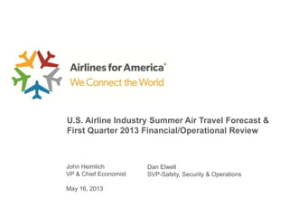 U.S. Airline Industry Summer Air Travel Forecast &
First Quarter 2013 Financial/Operational Review
John Heimlich
VP & Chief Economist
May 16, 2013
Dan Elwell
SVP-Safety, Security & Operations
 
