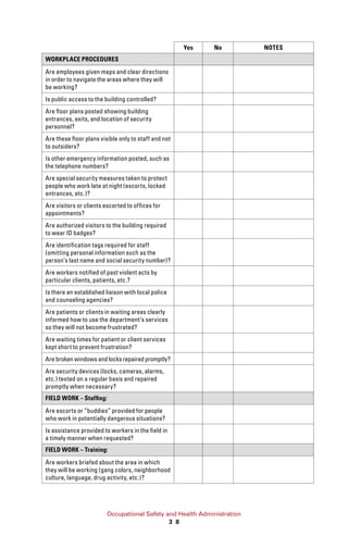 Occupational Safety and Health Administration
3 8
Yes No NOTES
WORKPLACE PROCEDURES
Are employees given maps and clear directions
in order to navigate the areas where they will
be working?
Is public access to the building controlled?
Are floor plans posted showing building
entrances, exits, and location of security
personnel?
Are these floor plans visible only to staff and not
to outsiders?
Is other emergency information posted, such as
the telephone numbers?
Are special security measures taken to protect
people who work late at night (escorts, locked
entrances, etc.)?
Are visitors or clients escorted to offices for
appointments?
Are authorized visitors to the building required
to wear ID badges?
Are identification tags required for staff
(omitting personal information such as the
person’s last name and social security number)?
Are workers notified of past violent acts by
particular clients, patients, etc.?
Is there an established liaison with local police
and counseling agencies?
Are patients or clients in waiting areas clearly
informed how to use the department’s services
so they will not become frustrated?
Are waiting times for patient or client services
kept short to prevent frustration?
Are broken windows and locks repaired promptly?
Are security devices (locks, cameras, alarms,
etc.) tested on a regular basis and repaired
promptly when necessary?
FIELD WORK – Staffing:
Are escorts or “buddies” provided for people
who work in potentially dangerous situations?
Is assistance provided to workers in the field in
a timely manner when requested?
FIELD WORK – Training:
Are workers briefed about the area in which
they will be working (gang colors, neighborhood
culture, language, drug activity, etc.)?
 