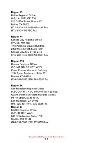 Occupational Safety and Health Administration
5 2
Region VI
Dallas Regional Office
(AR, LA, NM*, OK, TX)
525 Griffin Street, Room 602
Dallas, TX 75202
(972) 850-4145 (972) 850-4149 Fax
(972) 850-4150 FSO Fax
Region VII
Kansas City Regional Office
(IA*, KS, MO, NE)
Two Pershing Square Building
2300 Main Street, Suite 1010
Kansas City, MO 64108-2416
(816) 283-8745 (816) 283-0547 Fax
Region VIII
Denver Regional Office
(CO, MT, ND, SD, UT*, WY*)
Cesar Chavez Memorial Building
1244 Speer Boulevard, Suite 551
Denver, CO 80204
(720) 264-6550 (720) 264-6585 Fax
Region IX
San Francisco Regional Office
(AZ*, CA*, HI*, NV*, and American Samoa,
Guam and the Northern Mariana Islands)
90 7th Street, Suite 18100
San Francisco, CA 94103
(415) 625-2547 (415) 625-2534 Fax
Region X
Seattle Regional Office
(AK*, ID, OR*, WA*)
300 Fifth Avenue, Suite 1280
Seattle, WA 98104
(206) 757-6700 (206) 757-6705 Fax
 