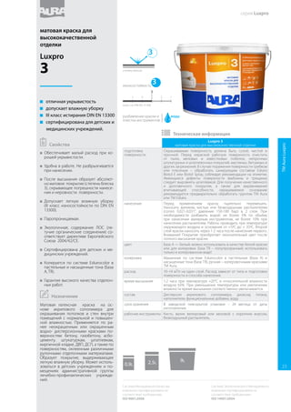 Luxpro 2
абсолютно матовая краска для высококачественной отделки
подготовка
поверхности
Окрашиваемая поверхность должна быть сухой, чистой и
прочной. Перед окраской рабочую поверхность очистить
от пыли, меловых и известковых побелок, непрочных
штукатурных и шпатлевочных покрытий, масляных, битумных и
других загрязнений. В случае поражения поверхности грибком
или плесенью – обработать санирующим составом Eskaro
Biotol E или Biotol Spray, соблюдая рекомендации на этикетке.
Имеющиеся дефекты поверхности (выбоины и трещины)
следует выровнять шпатлевкой. Для получения качественного
и долговечного покрытия, а также для выравнивания
впитывающей способности, окрашиваемое основание
рекомендуется предварительно обработать грунтом ТМ Aura
или ТМ Eskaro.
нанесение Перед применением краску тщательно перемешать.
Наносить валиком, кистью или безвоздушным распылителем
(сопло 0,021-0,031”, давление 150-180 бар) в 2 слоя. При
необходимости разбавить водой: не более 5% по объёму
при нанесении малярным инструментом, не более 10% при
нанесении распылителем. Работы проводить при температуре
окружающего воздуха и основания от +5ºС до +35ºС. Второй
слой краски наносить через 1-2 часа после нанесения первого.
Внимание! Покрытие приобретает окончательный цвет после
полного высыхания краски.
цвет Белый.
колеровка Машинная по системе Eskarocolor в пастельные тона (база А),
ручная – колеровочными красками или универсальными колер
пастами ТМ Aura.
расход 10–12 м²/л на один слой. Расход зависит от типа и подготовки
поверхности и способа нанесения.
время высыхания 1-2 часа при температуре +20°C и относительной влажности
воздуха 65%. При уменьшении температуры или увеличении
влажности время высыхания соответственно увеличивается.
состав Дисперсия акрилового сополимера, диоксид титана,
наполнители, функциональные добавки, вода.
срок хранения В заводской невскрытой упаковке - 24 месяца от даты
изготовления.
рабочие инструменты Кисть, валик велюровый или меховой с коротким ворсом,
безвоздушный распылитель.
 