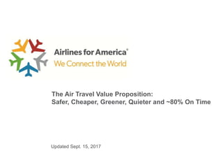 Updated Sept. 15, 2017
The Air Travel Value Proposition:
Safer, Cheaper, Greener, Quieter and ~80% On Time
 