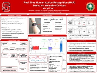 Motivation & Overview
Features Extraction
Real Time Human Action Recognition (HAR)
based on Wearable Devices
Wenyi Zhao
Department of Electrical and Computer Engineering, North Carolina State University
School of Automation, Beijing Institute of Technology
Human Activities Recognition(HAR) is useful in several
scenarios like:
• Providing feedback to the caregiver
• Monitoring patient with mental pathologies
In this project, we:
• Realized the HAR system for 5 activities
• Improved the SVM based recognition rate
83.11%(best) to 97.76% (best) using a Random
Forest methodology
• Realized the real time recognition
Slow WavingBicycling Standing
Fast Waving
Classification & Validation
Reference
• Low-pass and High-pass filter with cut-off
frequency 1Hz.
• Overlapping windows(75% overlap rate)
• 18 dimensions of feature
• Principle Component Analysis(PCA)
System Flow Chart
Data Acquisition
Walking
1. Root Mean Square(RMS)
Value
2. Mean Value
3. Min-max(Peak-Peak)
Value
4. Variance
5. Energy of coefficients
of 7-level wavelet
decomposition
6. DFT(Discrete Fourier
Transform) value
Time
domain
Frequency
domain
Current Work
Wearable
Sensor
Android
Smart Phone
TCP/IP (Online)
Data in File (Offline)
Bluetooth
Matlab®
Feature
Specification
Feature
Scaling
and PCA
Test
TrainFeature
Computation
Model
Training(SVM
/RF Based)
Classification
Results
PC Display
Android Smart Phone App
TCP/IP
Results in File
𝐀𝐜𝐜 𝐙
𝐀𝐜𝐜 𝐗
𝐀𝐜𝐜 𝐘
𝑨𝒄𝒄 𝑴𝒂𝒈 = 𝑨𝒄𝒄 𝑿
𝟐
+ 𝑨𝒄𝒄 𝒀
𝟐
+ 𝑨𝒄𝒄 𝒁
𝟐
SVM Result
Training data Testing data
• Five activities
separately
• Two minutes for
each
• Sampling rate 100Hz
• Five activities in one trial
• Transition is not
considered in the
validation part
Walking Cycling Slow Waving Standing Fast Waving
Walking 100 0 0 0 0
Cycling 0.57 99.43 0 0 0
Slow Waving 0 0 100 0 0
Standing 0 44.44 0 55.56 0
Fast Waving 4.05 18.92 70.95 2.03 4.05
Random Forest Result
Walking Cycling Slow Waving Standing Fast Waving
Walking 92.47 0 0 0 7.53
Cycling 0 99.43 0 0 0.57
Slow Waving 0 0 100 0 0
Standing 0 0 0 96.94 3.06
Fast Waving 0 0 0 0 100
• The result is the average of 10 test trials
• Random Forest methodology improved performance by
23%
• Working on streaming data directly from android smart
phone to the computer
• Improving the performance of the classification with
new features selected and new methods
• Migrating the classification to android application
Acknowledgement
• Casale P, Pujol O, Radeva P. Human activity recognition from accelerometer data
using a wearable device. Pattern Recognit Image Anal 2011:289–96.
• Mannini, A., Sabatini, A.M.: Machine Learning Methods for Classifying Human
Physical Activities from on-body sensors. Sensors 10, 1154–1175 (2010).
• O. D. Lara and M. A. Labrador, "A Survey on Human Activity Recognition using
Wearable Sensors," in IEEE Communications Surveys & Tutorials, vol. 15, no. 3,
pp. 1192-1209, Third Quarter 2013.
• Ioannis Kapsouras and Nikos Nikolaidis. 2014. Action recognition on motion
capture data using a dynemes and forward differences representation. J. Vis.
Comun. Image Represent. 25, 6 (August 2014), 1432-1445.
• Kayci Parcells, Boxuan Zhong and Namita Lokare
cooperated with me during the project
• Dr. Edgar Lobaton for one month working with me
and helping me with my abstract and poster
• Global Engagement in Academic Research Program
 