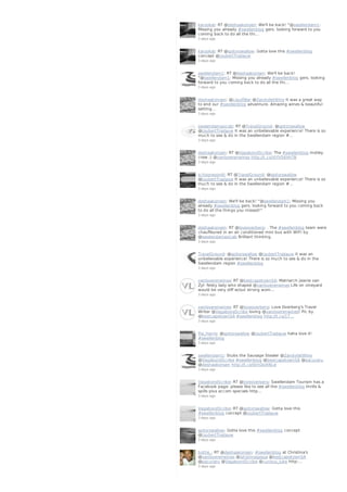 karookat: RT @deshaakonsen: We'll be back! "@swellendam1:
Missing you already #swellenblog gers. looking forward to you
coming back to do all the thi…
3 days ago
karookat: RT @spitorswallow: Gotta love this #swellenblog
concept @JoubertTradauw
3 days ago
swellendam1: RT @deshaakonsen: We'll be back!
"@swellendam1: Missing you already #swellenblog gers. looking
forward to you coming back to do all the thi…
3 days ago
deshaakonsen: @LiquifiBar @ZandvlietWine It was a great way
to end our #swellenblog adventure. Amazing wines & beautiful
setting...
3 days ago
swelendamaxicab: RT @TravelGround: @spitorswallow
@JoubertTradauw It was an unbelievable experience! There is so
much to see & do in the Swellendam region #…
3 days ago
deshaakonsen: RT @VagabondScribe: The #swellenblog motley
crew ;) @vanloverenwines http://t.co/VJYV56VhTB
3 days ago
schooneoordt: RT @TravelGround: @spitorswallow
@JoubertTradauw It was an unbelievable experience! There is so
much to see & do in the Swellendam region #…
3 days ago
deshaakonsen: We'll be back! "@swellendam1: Missing you
already #swellenblog gers. looking forward to you coming back
to do all the things you missed!"
3 days ago
deshaakonsen: RT @loveoverberg: . The #swellenblog team were
chauffeured in an air conditioned mini bus with WIFI by
@swelendamaxicab Brilliant thinking.
3 days ago
TravelGround: @spitorswallow @JoubertTradauw It was an
unbelievable experience! There is so much to see & do in the
Swellendam region #swellenblog
3 days ago
vanloverenwines: RT @bestcapetownSA: Matriarch Jeanie van
Zyl- feisty lady who shaped @vanloverenwines Life on vineyard
would be very diff w/out strong wom…
3 days ago
vanloverenwines: RT @loveoverberg: Love Overberg's Travel
Writer @VagabondScribe loving @vanloverenwines! Pic by
@bestcapetownSA #swellenblog http://t.co/1T…
3 days ago
Pia_Harris: @spitorswallow @JoubertTradauw haha love it!
#swellenblog
3 days ago
swellendam1: Stubs the Sausage Stealer @ZandvlietWine
@VagabondScribe #swellenblog @bestcapetownSA @pacuraru
@deshaakonsen http://t.co/tEhGkl4NLd
3 days ago
VagabondScribe: RT @loveoverberg: Swellendam Tourism has a
Facebook page: please like to see all the #swellenblog thrills &
spills plus accom specials http…
3 days ago
VagabondScribe: RT @spitorswallow: Gotta love this
#swellenblog concept @JoubertTradauw
3 days ago
spitorswallow: Gotta love this #swellenblog concept
@JoubertTradauw
3 days ago
bottie_: RT @deshaakonsen: #swellenblog at Christina's
@vanloverenwines @ishotimagesza @bestcapetownSA
@pacuraru @VagabondScribe @curious_luke http:…
3 days ago
 