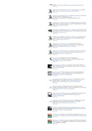 BARREL! #wackywine @RobertsonWineV #swellenblog htt…
3 days ago
swellendam1: RT @VagabondScribe: The #swellenblog motley
crew ;) @vanloverenwines http://t.co/VJYV56VhTB
3 days ago
swellendam1: RT @overberginfo: Follow #SwellenBlog and you'll
find out all about it! MT @nikkilincoln:
Suggestions...Swellendam? Currently booking much …
3 days ago
swellendam1: RT @deshaakonsen: Thank you @WernerEls for a
great tasting at @ZandvlietWine...even if Stubbs got to the food
before us! #swellenblog http:…
3 days ago
loveoverberg: RT @bestcapetownSA: @di2you you will be in for a
treat! Must try Micro Light @umshanti1 for gorgeous aerial view!
#swellenblog http://t.co/…
3 days ago
swellendam1: RT @bestcapetownSA: @di2you you will be in for
a treat! Must try Micro Light @umshanti1 for gorgeous aerial
view! #swellenblog http://t.co/…
3 days ago
swellendam1: RT @TravelGround: Magnificent Shiraz &
Chardonnay @ZandvlietWine. Thank you to our hosts Paul &
@WernerEls #swellenblog http://t.co/kxIos4l…
3 days ago
swellendam1: RT @TravelGround: The Four Cousins Fan pairing
at @vanloverenwines is so much more than wine #nomnom
#swellenblog http://t.co/xotqZ3tHv5
3 days ago
TravelGround: Magnificent Shiraz & Chardonnay
@ZandvlietWine. Thank you to our hosts Paul & @WernerEls
#swellenblog http://t.co/kxIos4lVBV
3 days ago
bestcapetownSA: @di2you you will be in for a treat! Must try
Micro Light @umshanti1 for gorgeous aerial view! #swellenblog
http://t.co/BVlvARHlwL
3 days ago
deshaakonsen: Thank you @WernerEls for a great tasting at
@ZandvlietWine...even if Stubbs got to the food before us!
#swellenblog http://t.co/JdNZ98kT9q
3 days ago
swelendamaxicab: RT @Simon87guide: At Zandvliet, home of
Pocket Power!! And great Shiraz :) @swelendamaxicab
@swellendam1 #swellenblog http://t.co/sVgSkLX0Sy
3 days ago
swelendamaxicab: RT @Simon87guide: Christina's at Van
Loveren, definitely putting the "ood" in good food! #swellenblog
@swelendamaxicab http://t.co/kd50akB2…
3 days ago
jamescapetown: RT @TravelGround: Beautiful new tasting room
at @vanloverenwines. But first we eat! #swellenblog
http://t.co/Hj59yjTWz3
3 days ago
swelendamaxicab: RT @VagabondScribe: Swellendam's warm
hospitality is a testament to all the heart in this town -
@Oldgaolsweldam #swellenblog http://t.co/…
3 days ago
karookat: #swellenblog @deshaakonsen @swellendam1 true
identity unplugged. Next time make @VagabondScribe sing for
her supper. http://t.co/UxDpoOXMCM
3 days ago
overberginfo: Also take a look at these suggestions @nikkilincoln
: bit.ly/T3LyYC via @roxannereidsa #SwellenBlog #LoveOverberg
3 days ago
overberginfo: Follow #SwellenBlog and you'll find out all about it!
MT @nikkilincoln: Suggestions...Swellendam? Currently booking
much needed mini-break!
3 days ago
 