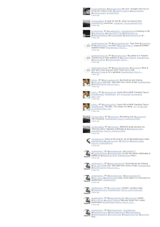 RoxanneReidSA: @deshaakonsen Oh yum. Straight onto my to-
do list for a return trip! @JoubertTradauw @spitorswallow
@foodwineradio #Swellenblog
4 days ago
GorgeousBlog: A treat for the Mr, when he returns from
#swellenblog tomorrow. instagram.com/p/oqdHqKI3UX/
4 days ago
JacoKambati: RT @swellendam1: #swellenblog is trending in SA!
@JacoKambati @beate19853178 @WildebraamLiq
@Oldgaolsweldam @ImpangeleBB @swelendamaxicab @…
4 days ago
swelendamaxicab: RT @bestcapetownSA: Train from @capetown
tO @swellendam1 via train? @TourismTrainCT organize brilliant
weekend away! #swellenblog http://t.…
4 days ago
swelendamaxicab: RT @deshaakonsen: My palate is in heaven!
Chardonnay & fresh platters at @JoubertTradauw #swellenblog
@spitorswallow @foodwineradio http://…
4 days ago
swelendamaxicab: RT @bestcapetownSA: @lusciousCT Wine &
food with most gracious host! Come out to visit
@JoubertTradauw for a getaway #swellenblog http://t.…
4 days ago
bottie_: RT @bestcapetownSA: Bummed we are missing
@rain_africa this trip! "Big hello from home of Rain #Swellenblog
@RainAfricaUSA http://t.co/Ls…
4 days ago
bottie_: RT @trendingshots: South Africa NEW Trending Topics:
#Swellenblog, #hitRefresh. #TT #TopicsZA za.trending-
topic.com
4 days ago
bottie_: RT @trendingshots: South Africa NEW Trending Topics:
#swellenblog, The ANC, Turn Down For What. #TT #TopicsZA
za.trending-topic.com
4 days ago
GorgeousBlog: RT @thetripfox: Microliting over @umshanti1.
Life-changing! #swellenblog http://t.co/ZDqXw5rOM6
4 days ago
GorgeousBlog: RT @thetripfox: MASSIVE straw sticking my
"Morning Glory" espresso milkshake at @dieselandcreme
#swellenblog http://t.co/0hiwvL2B0N
4 days ago
TravelGround: Some of the eclectic art at Barrydale Karoo Hotel
#swellenblog @capetownart1 @CTArtFair @designindaba
http://t.co/n9EjraNmhg
4 days ago
swellendam1: RT @deshaakonsen: @FoodBlogCT
@Foodandthefab @drizzleanddip try the red velvet milkshakes &
waffles at @dieselandcreme! #swellenblog http:/…
4 days ago
swellendam1: RT @bestcapetownSA: Bummed we are missing
@rain_africa this trip! "Big hello from home of Rain #Swellenblog
@RainAfricaUSA http://t.co/Ls…
4 days ago
swellendam1: RT @deshaakonsen: @bestcapetownSA
@rain_africa @RainAfricaUSA even more reason to come back to
swellendam! #swellenblog
4 days ago
swellendam1: RT @curious_luke: Carefull, contains Lead.
@dieselandcreme #swellenblog http://t.co/6X20OuLAbC
4 days ago
swellendam1: RT @bestcapetownSA: @lusciousCT visited
@SijnnWines @JoubertTradauw fabulous wines from classic
winemakers #swellenblog #wine http://t.co/A…
4 days ago
swellendam1: RT @deshaakonsen: #swellenblog
@dieselandcreme @bestcapetownSA @ishotimagesza
@redwingstarling @curious_luke @VagabondScribe @pacuraru
http…
 