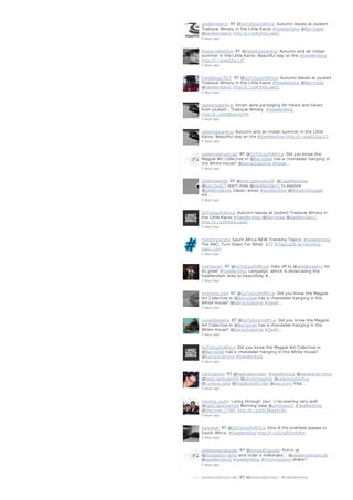 swellendam1: RT @GoToSouthAfrica: Autumn leaves at Joubert
Tradouw Winery in the Little Karoo #Swellenblog @Barrydale
@swellendam1 http://t.co/JK0tOLuwb2
4 days ago
RoxanneReidSA: RT @redwingstarling: Autumn and an Indian
summer in the Little Karoo. Beautiful day on the #Swellenblog
http://t.co/ablIZqLLJY
5 days ago
travelbug1957: RT @GoToSouthAfrica: Autumn leaves at Joubert
Tradouw Winery in the Little Karoo #Swellenblog @Barrydale
@swellendam1 http://t.co/JK0tOLuwb2
5 days ago
redwingstarling: Smart wine packaging for hikers and bikers
from Joubert - Tradouw Winery. #Swellenblog
http://t.co/EO6Vp7piTM
5 days ago
redwingstarling: Autumn and an Indian summer in the Little
Karoo. Beautiful day on the #Swellenblog http://t.co/ablIZqLLJY
5 days ago
swelendamaxicab: RT @GoToSouthAfrica: Did you know the
Magpie Art Collective in @Barrydale has a chandelier hanging in
the White House? @barrackoboma #Swell…
5 days ago
SAWinelands: RT @bestcapetownSA: @CapeRainbow
@lusciousCT don't miss @swellendam1 to explore
@SAWinelands Classic wines #swellenblog @WineEnthusiast
htt…
5 days ago
GoToSouthAfrica: Autumn leaves at Joubert Tradouw Winery in
the Little Karoo #Swellenblog @Barrydale @swellendam1
http://t.co/JK0tOLuwb2
5 days ago
trendingshots: South Africa NEW Trending Topics: #swellenblog,
The ANC, Turn Down For What. #TT #TopicsZA za.trending-
topic.com
5 days ago
marlyargh: RT @GoToSouthAfrica: Hats off to @swellendam1 for
its great #Swellenblog campaign, which is showcasing the
Swellendam area so beautifully #…
5 days ago
motheos_neo: RT @GoToSouthAfrica: Did you know the Magpie
Art Collective in @Barrydale has a chandelier hanging in the
White House? @barrackoboma #Swell…
5 days ago
runwildsafaris: RT @GoToSouthAfrica: Did you know the Magpie
Art Collective in @Barrydale has a chandelier hanging in the
White House? @barrackoboma #Swell…
5 days ago
GoToSouthAfrica: Did you know the Magpie Art Collective in
@Barrydale has a chandelier hanging in the White House?
@barrackoboma #Swellenblog
5 days ago
CanExplore: RT @deshaakonsen: #swellenblog @dieselandcreme
@bestcapetownSA @ishotimagesza @redwingstarling
@curious_luke @VagabondScribe @pacuraru http…
5 days ago
moving_sushi: Living through you! :) recovering very well
@bestcapetownSA Morning view @umshanti1 #swellenblog
@Discover_CTWC http://t.co/pSCWag418n
5 days ago
karookat: RT @GoToSouthAfrica: One of the prettiest passes in
South Africa. #Swellenblog http://t.co/Lky85mfvKm
5 days ago
swelendamaxicab: RT @Simon87guide: Pull in at
@dieselandcreme and order a milkshake... @swelendamaxicab
@swellendam1 #swellenblog #morningglory shake!!
5 days ago
swelendamaxicab: RT @deshaakonsen: #swellenblog
 