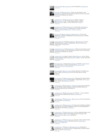 ImpangeleBB: @travelopulent we are following #swellenblog
6 days ago
karookat: RT @swellendam1: Thank you for joining in the
#swellenblog look out for the announcement of the Iucky prize
winners by Following the advent…
6 days ago
swellendam1: RT @VagabondScribe: Beaut 2 days in
@swellendam1 so far. Horse-riding & liqueur-tasting
@WildebraamL today...luckily riding first :p #swell…
6 days ago
loveoverberg: RT @deshaakonsen: Loving new #swellenblog
friends! #swellendam is a great place to make memories
@bestcapetownSA @pacuraru http://t.co/tp2S…
6 days ago
karookat: RT @WouterBasson: @swellendam1 Thx for this
awareness campain! Swellendam and surrounds are a hidden
gem #swellenblog
6 days ago
VagabondScribe: RT @WouterBasson: @swellendam1 Thx for
this awareness campain! Swellendam and surrounds are a
hidden gem #swellenblog
6 days ago
VagabondScribe: RT @swellendam1: Thank you for joining in the
#swellenblog look out for the announcement of the Iucky prize
winners by Following the advent…
6 days ago
VagabondScribe: Beaut 2 days in @swellendam1 so far. Horse-
riding & liqueur-tasting @WildebraamL today...luckily riding first
:p #swellenblog
6 days ago
deshaakonsen: Loving new #swellenblog friends! #swellendam
is a great place to make memories @bestcapetownSA
@pacuraru http://t.co/tp2SOjgxru
6 days ago
ImpangeleBB: @james_fouche looking forward to meeting you
soon. Follow #swellenblog for the next few days for some
insights!
6 days ago
JacoKambati: RT @bestcapetownSA: Camping this winter? Bring
your family to #Kambati River Resort- SuperTubes, 4x4 #Trails
and canoes! @swellendam1 @Trav…
6 days ago
swellendam1: RT @mawewe4: #swellenblog A2 nature reserves
to visit Marloth Nature Reserve, Sanbona Wildlife Reserve &
Bontebok National Park. Bontebok N…
6 days ago
swellendam1: RT @loveoverberg: A2: Would ♡ to do a pottery
workshop with Bakkenburg Pottery #swellenblog
6 days ago
swellendam1: RT @umshanti1: @JacoKambati Stunning evening
for this! Wow! #swellenblog
6 days ago
swellendam1: RT @mawewe4: A.2 have some refreshing walking
through the The 250ha indigenous forest at Grootvadersbosch
wild flowers and fynbos #swellenb…
6 days ago
swellendam1: RT @redwingstarling: But his head lolls about a bit
and he woke up with a start when we went through a dip
@deshaakonsen @pacuraru @swelend…
6 days ago
swellendam1: RT @TravelGround: So much charm around every
bend. @DeHoopCollectio was phenomenal #swellenblog
http://t.co/YrZOKzcfK8
6 days ago
swellendam1: RT @pimrie: @VagabondScribe elevenses in
Swellendam, up the N2 and over Tradouw pass, ramble around
back for dinner #swellenblog
6 days ago
 