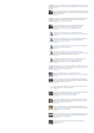 VagabondScribe: @schooneoordt @ishotimagesza @curious_luke
@moving_sushi @meetlisaHuang thank youuuu ♡ #swellenblog
6 days ago
karookat: RT @VagabondScribe: Bacon-wrapped prawns, seared
fillet prepared to perfection...traditional milk tart for dessert. This
was my evening at …
6 days ago
VagabondScribe: Bacon-wrapped prawns, seared fillet prepared
to perfection...traditional milk tart for dessert. This was my
evening at #OldGaol #swellenblog
6 days ago
karookat: RT @VagabondScribe: Just treated myself to a
candlelit bath (pool) in my room @gaikoulodge. You?
@deshaakonsen @moving_sushi @bestcapetownS…
6 days ago
swellendam1: RT @TravelGround: Great quote on the
@Oldgaolsweldam menu #swellenblog http://t.co/S2mDJxxk8W
6 days ago
swellendam1: RT @VagabondScribe: Take part in our tweet-up
btwn 6-7pm TONIGHT & WIN a weekend in Swellendam
#swellenblog bit.ly/1k2TowV"
6 days ago
swellendam1: RT @Simon87guide: Spot on service at Old Gaol!
#swellenblog @oldgaolsweldam
6 days ago
swellendam1: RT @schooneoordt: @VagabondScribe
@ishotimagesza @curious_luke @moving_sushi @meetlisaHuang
We shall always keep vanilla tea for you dear..…
6 days ago
swellendam1: RT @VagabondScribe: Just treated myself to a
candlelit bath (pool) in my room @gaikoulodge. You?
@deshaakonsen @moving_sushi @bestcapetownS…
6 days ago
VagabondScribe: Just treated myself to a candlelit bath (pool) in
my room @gaikoulodge. You? @deshaakonsen @moving_sushi
@bestcapetownSA #swellenblog
6 days ago
leanab87: RT @TravelGround: Great quote on the
@Oldgaolsweldam menu #swellenblog http://t.co/S2mDJxxk8W
6 days ago
ZestyGH: RT @thetripfox: Win a weekend away in Swellendam
by tweeting what you think is swell about Swellendam between
6&7 tonight! Make sure you us…
6 days ago
swelendamaxicab: RT @Simon87guide: Spot on service at Old
Gaol! #swellenblog @oldgaolsweldam
6 days ago
umshanti1: RT @stanfordvillage: A1: we think the restaurants in
Swellendam are swell #swellenblog love the new
@DeVagebondRes http://t.co/CVNrEeMdEd
6 days ago
chaoticjock: RT @meetlisaHuang: How do you define success?
Balance work AND family should be high on list #entrepreneurs
#swellenblog @SiliconCape http…
6 days ago
bottie_: RT @swellendam1: #swellenblog who wants to win 2
nights @schooneoordt must join in the fun and will be chosen at
random @redwingstarling @A…
6 days ago
schooneoordt: @VagabondScribe @ishotimagesza @curious_luke
@moving_sushi @meetlisaHuang We shall always keep vanilla
tea for you dear... #swellenblog
6 days ago
Simon87guide: Spot on service at Old Gaol! #swellenblog
@oldgaolsweldam
6 days ago
 