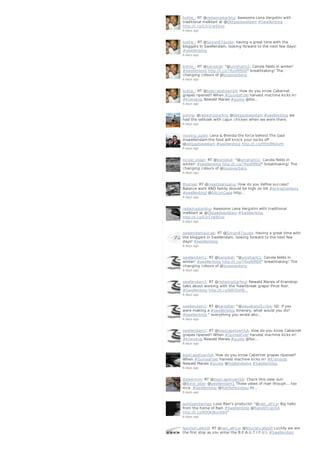 bottie_: RT @redwingstarling: Awesome Lena Vergotini with
traditional melktert at @Oldgaolsweldam #Swellenblog
http://t.co/53rCrw9Sxo
6 days ago
bottie_: RT @Simon87guide: Having a great time with the
bloggers in Swellendam, looking forward to the next few days!
#swellenblog
6 days ago
bottie_: RT @karookat: "@umshanti1: Canola fields in winter!
#swellenblog http://t.co/7RxsRfROif" breathtaking! The
changing colours of @loveoverberg
6 days ago
bottie_: RT @bestcapetownSA: How do you know Cabernet
grapes ripened? When #GuineaFowl harvest machine kicks in!
#Kranskop Newald Marais #quote @foo…
6 days ago
pimrie: @redwingstarling @Oldgaolsweldam #swellenblog we
had the vetkoek with cajun chicken when we were there.
6 days ago
moving_sushi: Lena & Brenda the force behind The Gaol
inswellendam-the food will knock your socks off
@oldgaolsweldam #swellenblog http://t.co/HPzOMs0yHI
6 days ago
nicole_visser: RT @karookat: "@umshanti1: Canola fields in
winter! #swellenblog http://t.co/7RxsRfROif" breathtaking! The
changing colours of @loveoverberg
6 days ago
Mvenee: RT @meetlisaHuang: How do you define success?
Balance work AND family should be high on list #entrepreneurs
#swellenblog @SiliconCape http…
6 days ago
redwingstarling: Awesome Lena Vergotini with traditional
melktert at @Oldgaolsweldam #Swellenblog
http://t.co/53rCrw9Sxo
6 days ago
swelendamaxicab: RT @Simon87guide: Having a great time with
the bloggers in Swellendam, looking forward to the next few
days! #swellenblog
6 days ago
swellendam1: RT @karookat: "@umshanti1: Canola fields in
winter! #swellenblog http://t.co/7RxsRfROif" breathtaking! The
changing colours of @loveoverberg
6 days ago
swellendam1: RT @redwingstarling: Newald Marais of Kranskop
talks about working with the 'heartbreak grape' Pinot Noir.
#Swellenblog http://t.co/NBY0eYB…
6 days ago
swellendam1: RT @karookat: "@VagabondScribe: Q2: if you
were making a #swellenblog itinerary, what would you do?
#swellenblog " everything you wrote abo…
6 days ago
swellendam1: RT @bestcapetownSA: How do you know Cabernet
grapes ripened? When #GuineaFowl harvest machine kicks in!
#Kranskop Newald Marais #quote @foo…
6 days ago
bestcapetownSA: How do you know Cabernet grapes ripened?
When #GuineaFowl harvest machine kicks in! #Kranskop
Newald Marais #quote @foodandwine #Swellenblog
6 days ago
daleenmm: RT @bestcapetownSA: Check this view out!
@Bone_aisle: @swellendam1 Those views of river though... too
nice. #swellenblog @RobReflexology ht…
6 days ago
wordsandwings: Love Rain's products! "@rain_africa: Big hello
from the home of Rain #Swellenblog @RainAfricaUSA
http://t.co/R0OkWuvK94"
6 days ago
NourishcafeGill: RT @rain_africa: @NourishcafeGill Luckily we are
the first stop as you enter the B.E.A.U.T.I.F.U.L #Swellendam
 