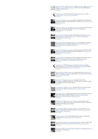 VagabondScribe: @schooneoordt @ishotimagesza @curious_luke
@moving_sushi @meetlisaHuang Thenk you for vanilla tea &
truffles! #swellenblog
6 days ago
TravelGround: Great quote on the @Oldgaolsweldam menu
#swellenblog http://t.co/S2mDJxxk8W
6 days ago
karookat: RT @moving_sushi: Really heartening to see the well-
deserved attention that Swellendam is getting. #Swellenblog via
@squashed_tom
6 days ago
karookat: "@rain_africa: @NourishcafeGill Luckily we are the first
stop as you enter the B.E.A.U.T.I.F.U.L #Swellendam
#swellenblog" I am so there!!
6 days ago
schooneoordt: And an equally huge thank you too @pacuraru
@deshaakonsen @redwingstarling - we love #swellenblog
#swellendam #adventures
6 days ago
Van_SaxonLodge: RT @AwesomeSA_APP: Translation: You okes
are making me lank jealous 'ekse! #Swellenblog #RoadTrip
#DiscoverOverberg #MeetSouthAfrica
6 days ago
karookat: RT @onceincapetown: Private rooms with BATH TUBS?
@gaikoulodge will be ideal for special celebration #swellenblog
@VagabondScribe http://t.…
6 days ago
schooneoordt: Huge thank you for spending some time with us
today #swellenblog @VagabondScribe @ishotimagesza
@curious_luke @moving_sushi @meetlisaHuang
6 days ago
TravelGround: RT @deshaakonsen: The #swellenblog team
descends on #oldgaol! Wine courtesy of #kranskop Big thanks
to our host @doomswpo http://t.co/4TTR5…
6 days ago
deshaakonsen: The #swellenblog team descends on #oldgaol!
Wine courtesy of #kranskop Big thanks to our host @doomswpo
http://t.co/4TTR5CHA8P
6 days ago
karookat: RT @VagabondScribe: Thanks for the chat
#swellenblog Now for dinner at The Old Gaol on a perfect night
in Swellies. But bath first at stunn…
6 days ago
CharleenMac: RT @rain_africa: Big hello from the home of Rain
#Swellenblog @RainAfricaUSA http://t.co/9cccOIrIPh
6 days ago
bestcapetownSA: Chardonnay without Wood is like food without
Salt! Winemaker Newald Marais #Kranskop #Swellenblog
@nederberg @bierandwein @foodandwine
6 days ago
DiBrown5: RT @moving_sushi: Thank you for joining in the
#swellenblog look out for the announcement of the Iucky prize
winners by Following the adven…
6 days ago
schooneoordt: @ishotimagesza @moreseano none left... All
gone... We finished the ones you left :-( so sorry! #swellenblog
#swellendam #adventure
6 days ago
redwingstarling: Got a good feeling about dinner at Old Gaol
tonight #Swellenblog http://t.co/CohgHQr1Sk
6 days ago
schooneoordt: @ishotimagesza @moreseano did you really?! We
weren't counting! #swellenblog #swellendam #adventure
6 days ago
DiBrown5: @RoxanneReidSA @ToursDeMornay @swellendam1 tx
for the RT #swellenblog
6 days ago
 