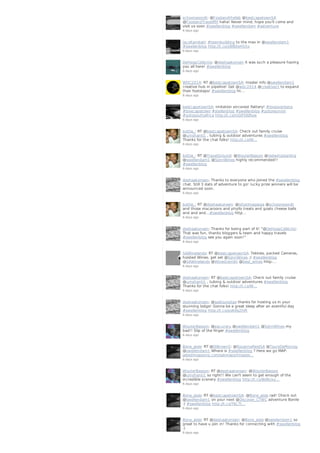 schooneoordt: @Foodandthefab @bestcapetownSA
@FoodandTravelMX haha! Never mind, hope you'll come and
visit us soon #swellenblog #swellendam #adventure
6 days ago
JacoKambati: #teambuilding to the max in @swellendam1
#swellenblog http://t.co/yBlB0eHS5o
6 days ago
DeHoopCollectio: @deshaakonsen it was such a pleasure having
you all here! #swellenblog
6 days ago
WDC2014: RT @bestcapetownSA: Insider info @swellendam1
creative hub in pipeline! Get @wdc2014 @creativect to expand
their footsteps! #swellenblog ht…
6 days ago
bestcapetownSA: Imitation sincerest flattery! #loveoverberg
#lovecapetown #stellenblog #swellenblog #gotoreunion
#gotosouthafrica http://t.co/niGlFOQRxw
6 days ago
bottie_: RT @bestcapetownSA: Check out family cruise
@umshanti1 , tubing & outdoor adventures #swellenblog
Thanks for the chat folks! http://t.co/W…
6 days ago
bottie_: RT @TravelGround: @WouterBasson @redwingstarling
@swellendam1 @SijnnWines highly recommended!!
#swellenblog
6 days ago
deshaakonsen: Thanks to everyone who joined the #swellenblog
chat. Still 3 dats of adventure to go! Iucky prize winners will be
announced soon.
6 days ago
bottie_: RT @deshaakonsen: @ishotimagesza @schooneoordt
and those macaroons and phyllo treats and goats cheese balls
and and and...#swellenblog http…
6 days ago
deshaakonsen: Thanks for being part of it! "@DeHoopCollectio:
That was fun, thanks bloggers & team and happy travels
#swellenblog see you again soon!"
6 days ago
SAWinelands: RT @bestcapetownSA: Tekkies, packed Cameras,
hoisted Wines, get set @SijnnWines ;) #swellenblog
@SAWinelands @WineGremlin @best_wines http:…
6 days ago
deshaakonsen: RT @bestcapetownSA: Check out family cruise
@umshanti1 , tubing & outdoor adventures #swellenblog
Thanks for the chat folks! http://t.co/W…
6 days ago
deshaakonsen: @gaikoulodge thanks for hosting us in your
stunning lodge! Gonna be a great sleep after an eventful day
#swellenblog http://t.co/po6ifq2hlR
6 days ago
WouterBasson: @pacuraru @swellendam1 @SijnnWines my
bad!! Slip of the finger #swellenblog
6 days ago
Bone_aisle: RT @DiBrown5: @RoxanneReidSA @ToursDeMornay
@swellendam1 Where is #swellenblog ? Here we go MAP:
jabedimapping.com/jabmaps/Images…
6 days ago
WouterBasson: RT @deshaakonsen: @WouterBasson
@umshanti1 so right!! We can't seem to get enough of the
incredible scenery #swellenblog http://t.co/BsNUxy…
6 days ago
Bone_aisle: RT @bestcapetownSA: @Bone_aisle rad! Check out
@swellendam1 on your next @Discover_CTWC adventure Bonile
:) #swellenblog http://t.co/T6LTt…
6 days ago
Bone_aisle: RT @deshaakonsen: @Bone_aisle @swellendam1 so
great to have u join in! Thanks for connecting with #swellenblog
:)
6 days ago
 