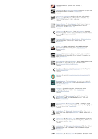 Thanks for taking us along on your journey! :)
6 days ago
mawewe4: RT @thetripfox: @mawewe4 oh sounds fun! Will wear
my most pioneering of clothes ;) #swellenblog
6 days ago
gaikoulodge: #swellenblog huge succes!Thnk ufor choosing
@gaikoulodge Sme Popcorn & Marsmallows with a few gdu
movis in th bath.Jst wht th dctr orderded
6 days ago
VagabondScribe: RT @moving_sushi: Really heartening to see
the well-deserved attention that Swellendam is getting.
#Swellenblog via @squashed_tom
6 days ago
TravelGround: RT @pacuraru: Loved @SijnnWines - expecially
the amazing white one we tasted. Lekker bread, need to find out
where you got it from, mmmhhhh…
6 days ago
RoxanneReidSA: @pacuraru @swellendam1 @dieselandcreme
They're legendary. And the decor is just sooooo cool.
#swellenblog
6 days ago
moving_sushi: Really heartening to see the well-deserved
attention that Swellendam is getting. #Swellenblog via
@squashed_tom
6 days ago
mawewe4: A.2 Langeberg (Long mountain), and many hiking
trails, ranging from day-walks so this just one of the gotta do
things #swellenblog
6 days ago
ishotimagesza: RT @redwingstarling: Not to forget rafting on the
Breede with an Orange River guide in his former life
@ishotimagesza #Swellenblog http://t…
6 days ago
TravelGround: @gaikoulodge @Swellendam sounds like a real
treasure #swellenblog
6 days ago
thetripfox: Be guided ;) #swellenblog http://t.co/u9s1yCJbT5
6 days ago
DeHoopCollectio: RT @TravelGround: So much charm around
every bend. @DeHoopCollectio was phenomenal #swellenblog
http://t.co/YrZOKzcfK8
6 days ago
umshanti1: Breakfast cruise with stunning view of the
Langeberge. Refreshing for the soul! #swellenblog
http://t.co/v3S0NuKyOz
6 days ago
TravelGround: RT @gaikoulodge: Family Wknd away? Vist
@swellendam the all to Cute Fairy Sancturary!! Little girls
dream! #swellenblog
6 days ago
2muchloveliness: @DeHoopCollectio What a wonderful article! I
didn't know how many whales were in your area! Moving higher
up my SA Bucket List! #swellenblog
6 days ago
swellendam1: RT @sisoment: @swellendam1 but I love horse
riding more than anything #swellenblog it would also be part of
the list.
6 days ago
TravelGround: RT @squashed_tom: Really heartening to see the
well-deserved attention that Swellendam is getting. A little town
with so much to offer! #Sw…
6 days ago
swellendam1: RT @Bone_aisle: @swellendam1 A.2 .. but i'd love
endulging in all that chocolate in that chocolate factory too
#swellenblog
6 days ago
swellendam1: RT @moving_sushi: So romantic ..we might group
 