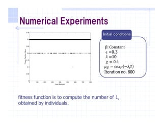 Numerical Experiments
		
	β: Constant
ϵ =0.3
𝜆 =10
			𝜒 = 0.4
𝜇j = ϵ𝑒𝑥𝑝 −𝜆𝛽
Iteration no. 800
fitness function is to compute the number of 1,
obtained by individuals.
Initial conditions
 