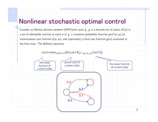 3
Nonlinear stochastic optimal control
the value
function of
current state
the value function
of current state
action cost of
current state
 