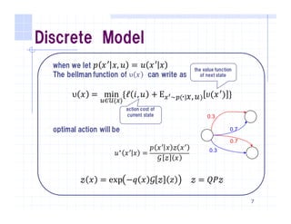 Discrete Model
7
when we let 𝑝 𝑥T
𝑥, 𝑢 = 𝑢 𝑥T
𝑥
The bellman function of υ 𝑥 can write as
υ 𝑥 = min
V∈𝒰 X
{ℓ 𝑖, 𝑢 + EX]~_ ' 𝑥, 𝑢 𝜐(𝑥T
) }
optimal action will be
𝑢∗ 𝑥T 𝑥 =
𝑝 𝑥T 𝑥 𝓏 𝑥T
𝒢 𝓏 𝑥
𝓏 𝑥 = exp −𝑞 𝑥 𝒢 𝓏 𝑧 	 𝓏 = 𝑄𝑃𝓏
action cost of
current state
the value function
of next state
 