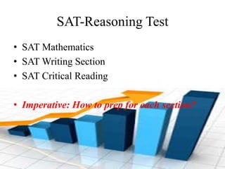 SAT-Reasoning Test
• SAT Mathematics
• SAT Writing Section
• SAT Critical Reading
• Imperative: How to prep for each section?
 
