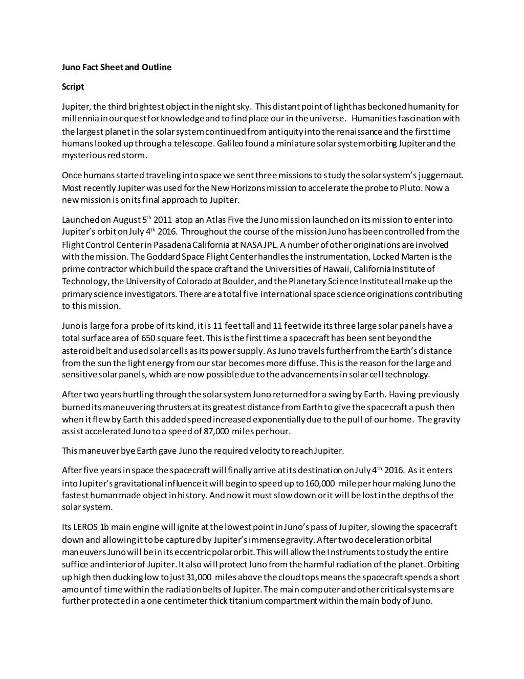 Juno Script Fact Sheet and Outline