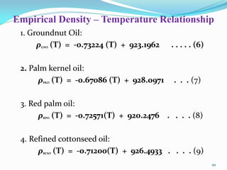 Empirical Density – Temperature Relationship
1. Groundnut Oil:
ρGNO (T) = -0.73224 (T) + 923.1962 . . . . . (6)
2. Palm kernel oil:
ρPKO (T) = -0.67086 (T) + 928.0971 . . . (7)
3. Red palm oil:
ρRPO (T) = -0.72571(T) + 920.2476 . . . . (8)
4. Refined cottonseed oil:
ρRCSO (T) = -0.71200(T) + 926.4933 . . . . (9)
49
 