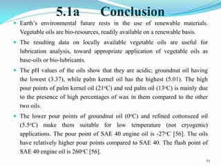 5.1a Conclusion
 Earth’s environmental future rests in the use of renewable materials.
Vegetable oils are bio-resources, readily available on a renewable basis.
 The resulting data on locally available vegetable oils are useful for
lubrication analysis, toward appropriate application of vegetable oils as
base-oils or bio-lubricants.
 The pH values of the oils show that they are acidic; groundnut oil having
the lowest (3.37), while palm kernel oil has the highest (5.01). The high
pour points of palm kernel oil (21oC) and red palm oil (13oC) is mainly due
to the presence of high percentages of wax in them compared to the other
two oils.
 The lower pour points of groundnut oil (0oC) and refined cottonseed oil
(5.5oC) make them suitable for low temperature (not cryogenic)
applications. The pour point of SAE 40 engine oil is -27oC [56]. The oils
have relatively higher pour points compared to SAE 40. The flash point of
SAE 40 engine oil is 260oC [56].
63
 