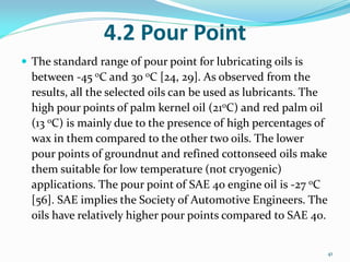 4.2 Pour Point
 The standard range of pour point for lubricating oils is
between -45 oC and 30 oC [24, 29]. As observed from the
results, all the selected oils can be used as lubricants. The
high pour points of palm kernel oil (21oC) and red palm oil
(13 oC) is mainly due to the presence of high percentages of
wax in them compared to the other two oils. The lower
pour points of groundnut and refined cottonseed oils make
them suitable for low temperature (not cryogenic)
applications. The pour point of SAE 40 engine oil is -27 oC
[56]. SAE implies the Society of Automotive Engineers. The
oils have relatively higher pour points compared to SAE 40.
41
 