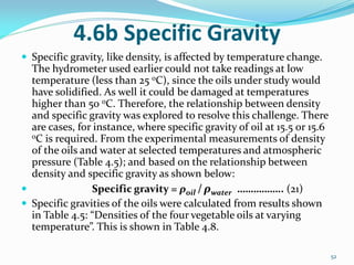 4.6b Specific Gravity
 Specific gravity, like density, is affected by temperature change.
The hydrometer used earlier could not take readings at low
temperature (less than 25 oC), since the oils under study would
have solidified. As well it could be damaged at temperatures
higher than 50 oC. Therefore, the relationship between density
and specific gravity was explored to resolve this challenge. There
are cases, for instance, where specific gravity of oil at 15.5 or 15.6
oC is required. From the experimental measurements of density
of the oils and water at selected temperatures and atmospheric
pressure (Table 4.5); and based on the relationship between
density and specific gravity as shown below:
 Specific gravity = ρoil / ρwater …………….. (21)
 Specific gravities of the oils were calculated from results shown
in Table 4.5: “Densities of the four vegetable oils at varying
temperature”. This is shown in Table 4.8.
52
 
