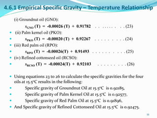 4.6.1 Empirical Specific Gravity – Temperature Relationship
(i) Groundnut oil (GNO):
sGNO (T) = -0.00026 (T) + 0.91782 . . . . . . . . . . (23)
 (ii) Palm kernel oil (PKO):
 sPKO (T) = -0.00020 (T) + 0.92267 . . . . . . . . . (24)
 (iii) Red palm oil (RPO):
 sRPO (T) = -0.00026(T) + 0.91493 . . . . . . . . . . (25)
 (iv) Refined cottonseed oil (RCSO):
 sRCSO (T) = -0.00024(T) + 0.92103 . . . . . . . . . (26)
 Using equations 23 to 26 to calculate the specific gravities for the four
oils at 15.5oC results in the following:
 Specific gravity of Groundnut Oil at 15.5oC is 0.92185,
 Specific gravity of Palm Kernel Oil at 15.5oC is 0.92577,
 Specific gravity of Red Palm Oil at 15.5oC is 0.91896,
 And Specific gravity of Refined Cottonseed Oil at 15.5oC is 0.92475.
55
 